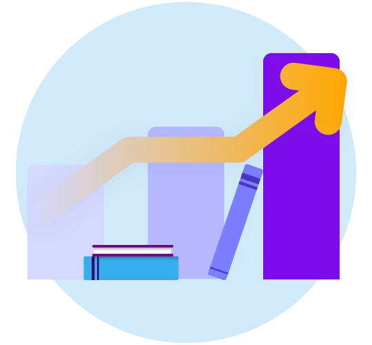 an increasing bar and line graph displayed over school textbooks