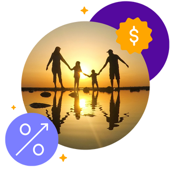 Happy family is enjoying sunset with saving account icons